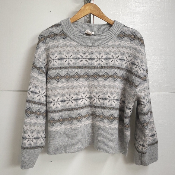 H&M Size L Gray Metallic Fair Isle Sparkle Fuzzy Wool Blend Crew Neck Pullover - Picture 2 of 12